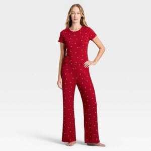 Women's Pointelle Short Sleeve Shirt and Pants Pajama Set - Auden™ Red Medium